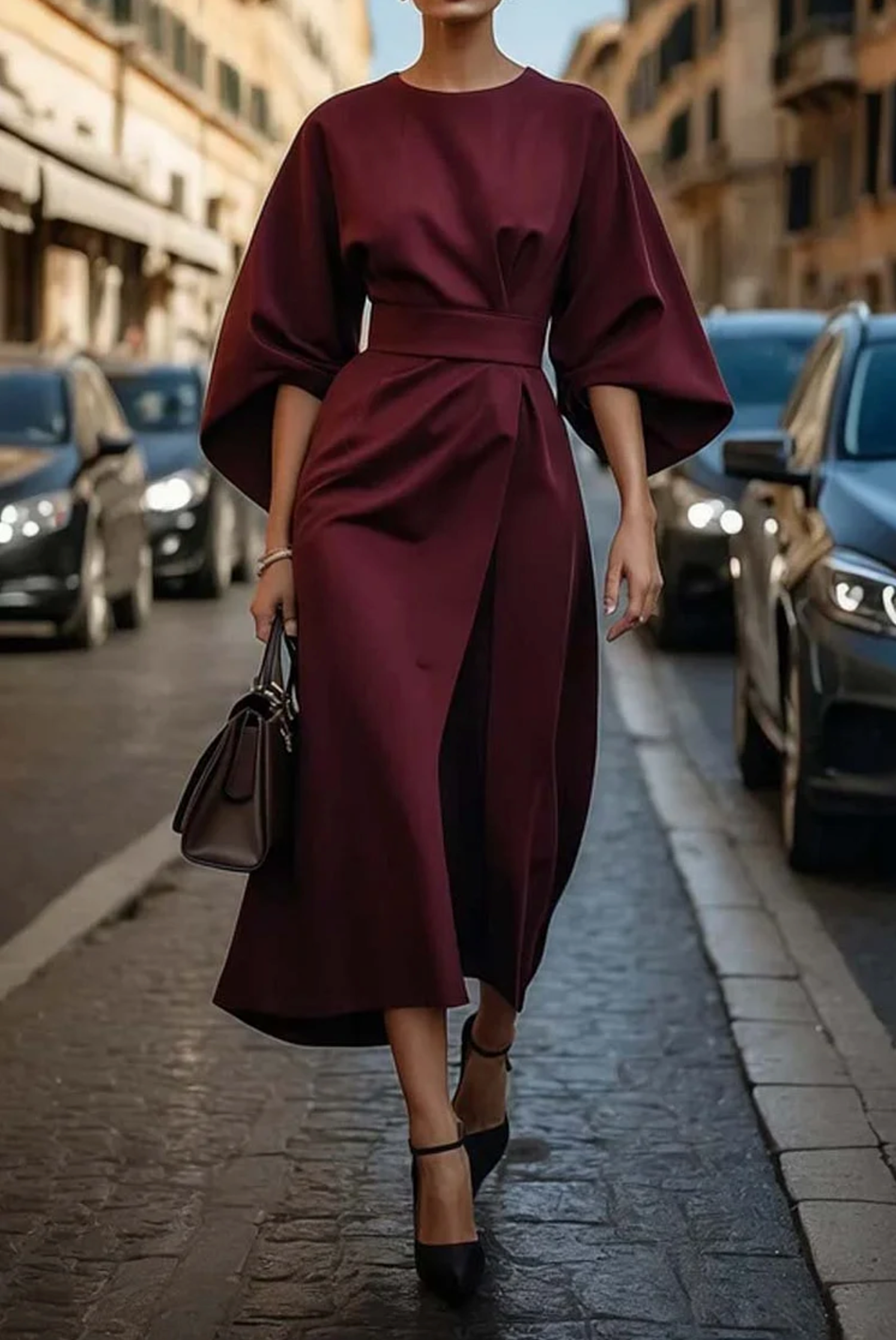 Isabella | Women’s Lantern Sleeve Waistband Midi Dress