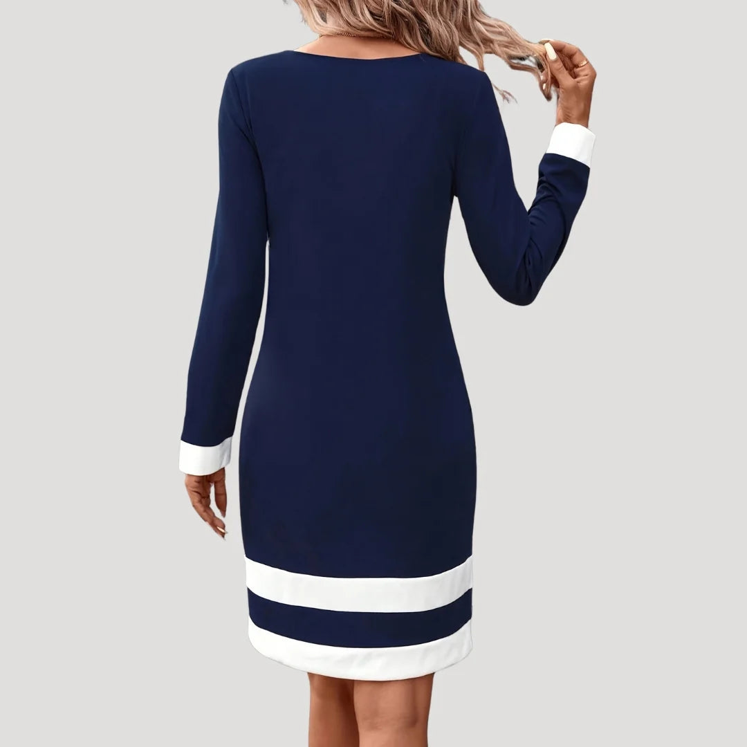 Isla | Women's Long Sleeve Round Neck Color Block Midi Dress