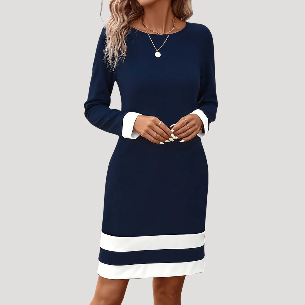 Isla | Women's Long Sleeve Round Neck Color Block Midi Dress
