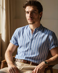 James | Men’s Vertical Stripe Mandarin Collar Henley Shirt
