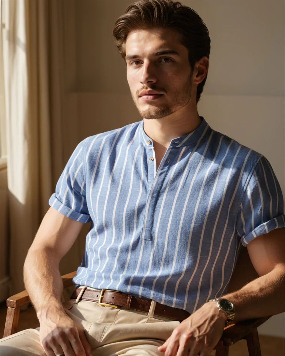 James | Men’s Vertical Stripe Mandarin Collar Henley Shirt