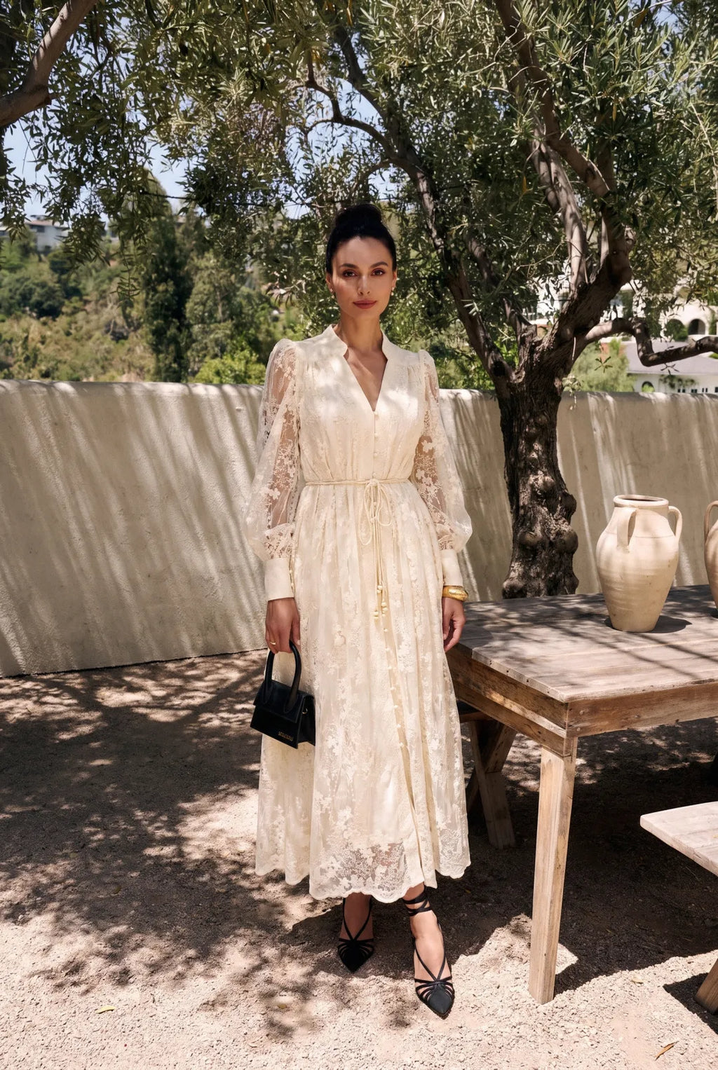 Jana | Women’s V Neck Long Sleeve Waist Tie Flowy Midi Dress
