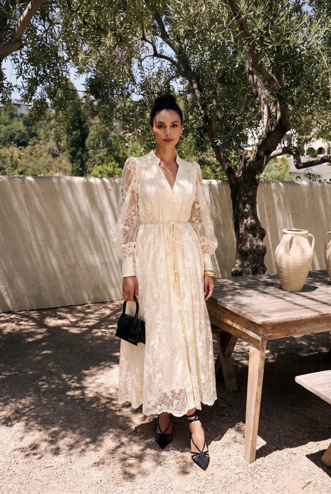 Jana | Women’s V Neck Long Sleeve Waist Tie Flowy Midi Dress