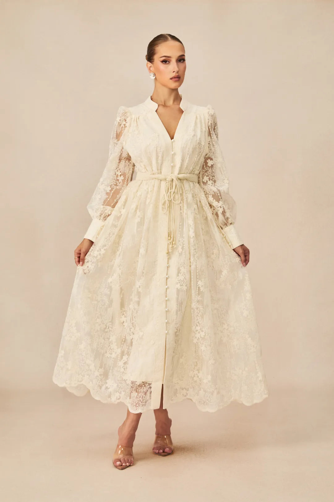 Jana | Women’s V Neck Long Sleeve Waist Tie Flowy Midi Dress
