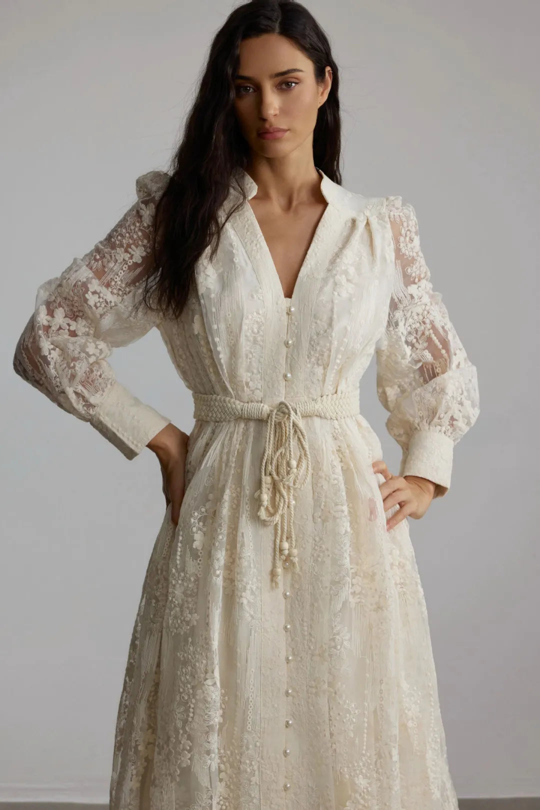 Jana | Women’s V Neck Long Sleeve Waist Tie Flowy Midi Dress