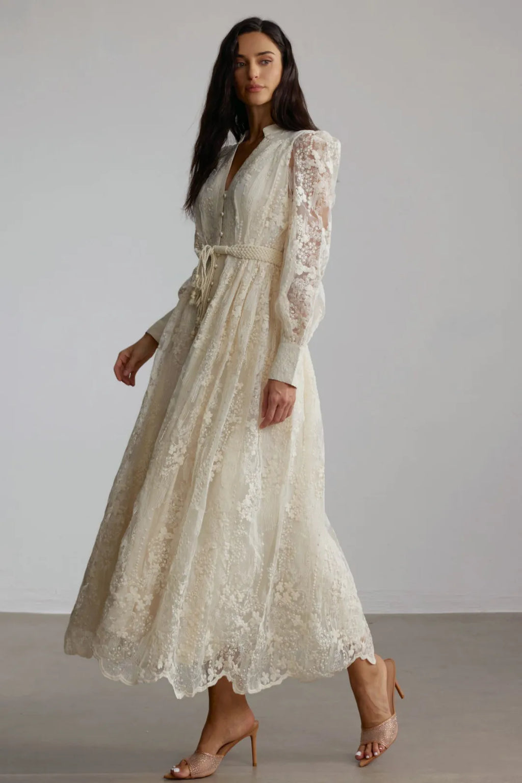 Jana | Women’s V Neck Long Sleeve Waist Tie Flowy Midi Dress