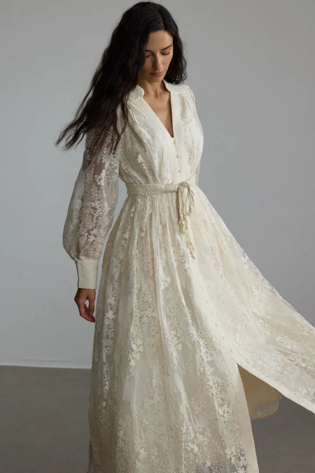 Jana | Women’s V Neck Long Sleeve Waist Tie Flowy Midi Dress