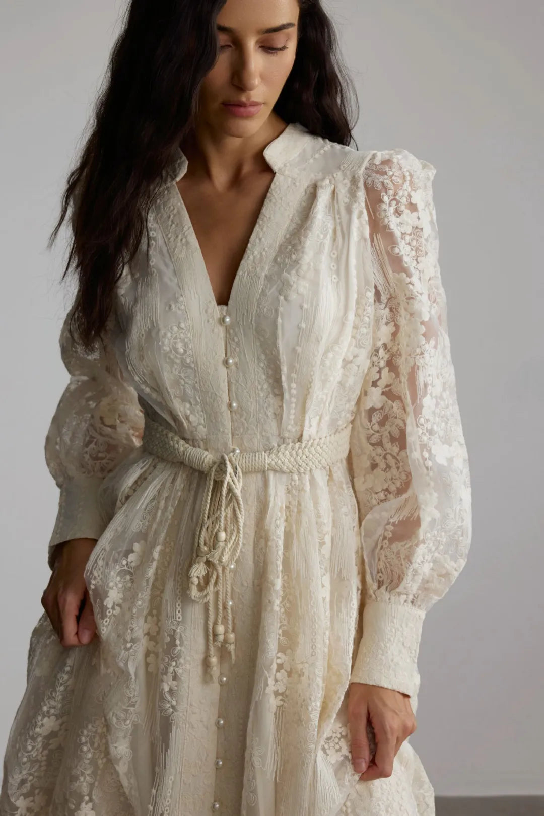 Jana | Women’s V Neck Long Sleeve Waist Tie Flowy Midi Dress