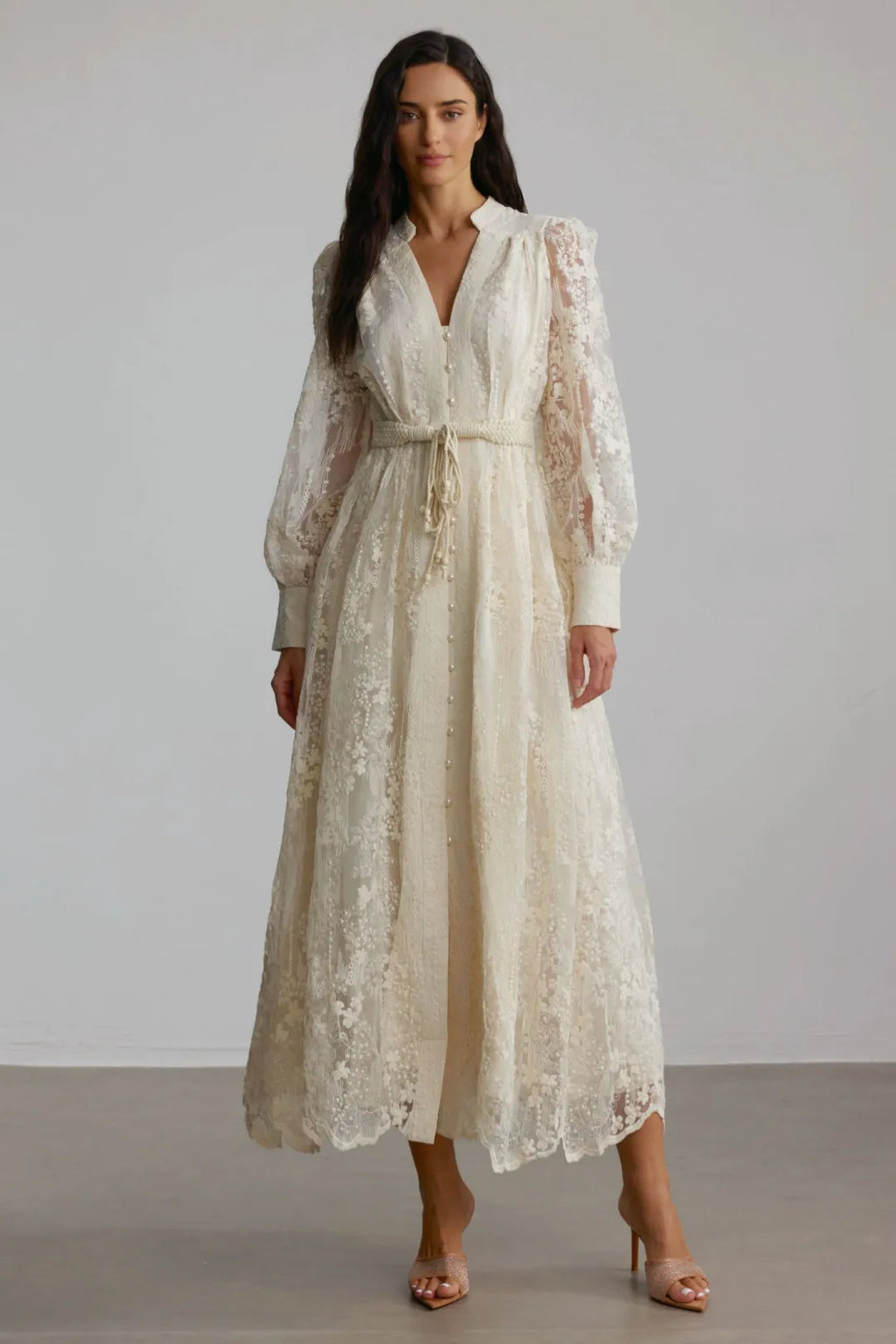 Jana | Women’s V Neck Long Sleeve Waist Tie Flowy Midi Dress