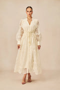 Jana | Women’s V Neck Long Sleeve Waist Tie Flowy Midi Dress