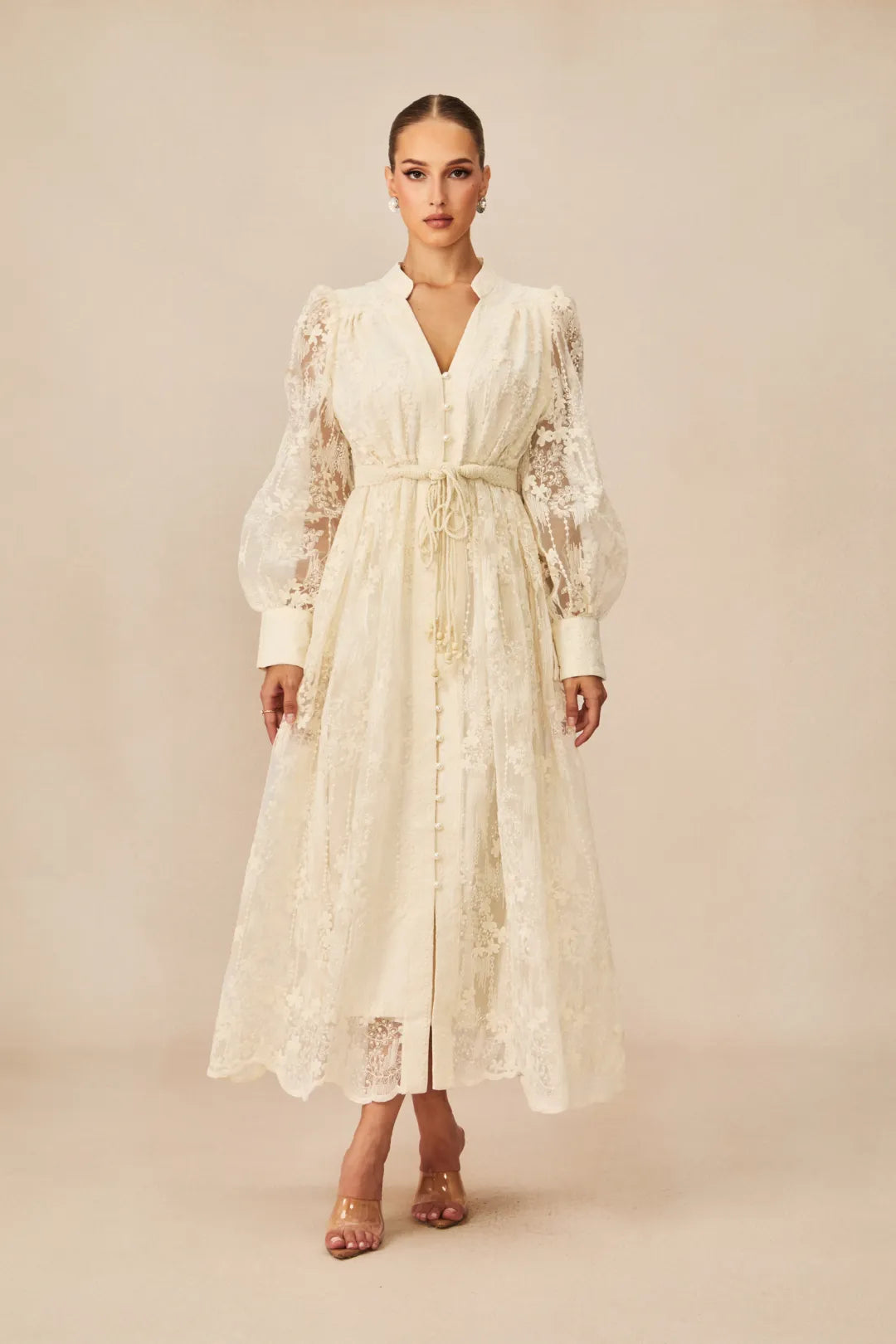 Jana | Women’s V Neck Long Sleeve Waist Tie Flowy Midi Dress