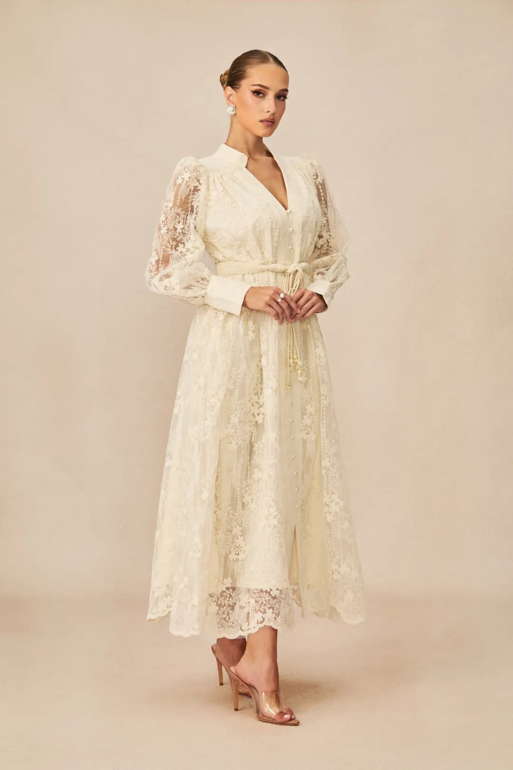 Jana | Women’s V Neck Long Sleeve Waist Tie Flowy Midi Dress