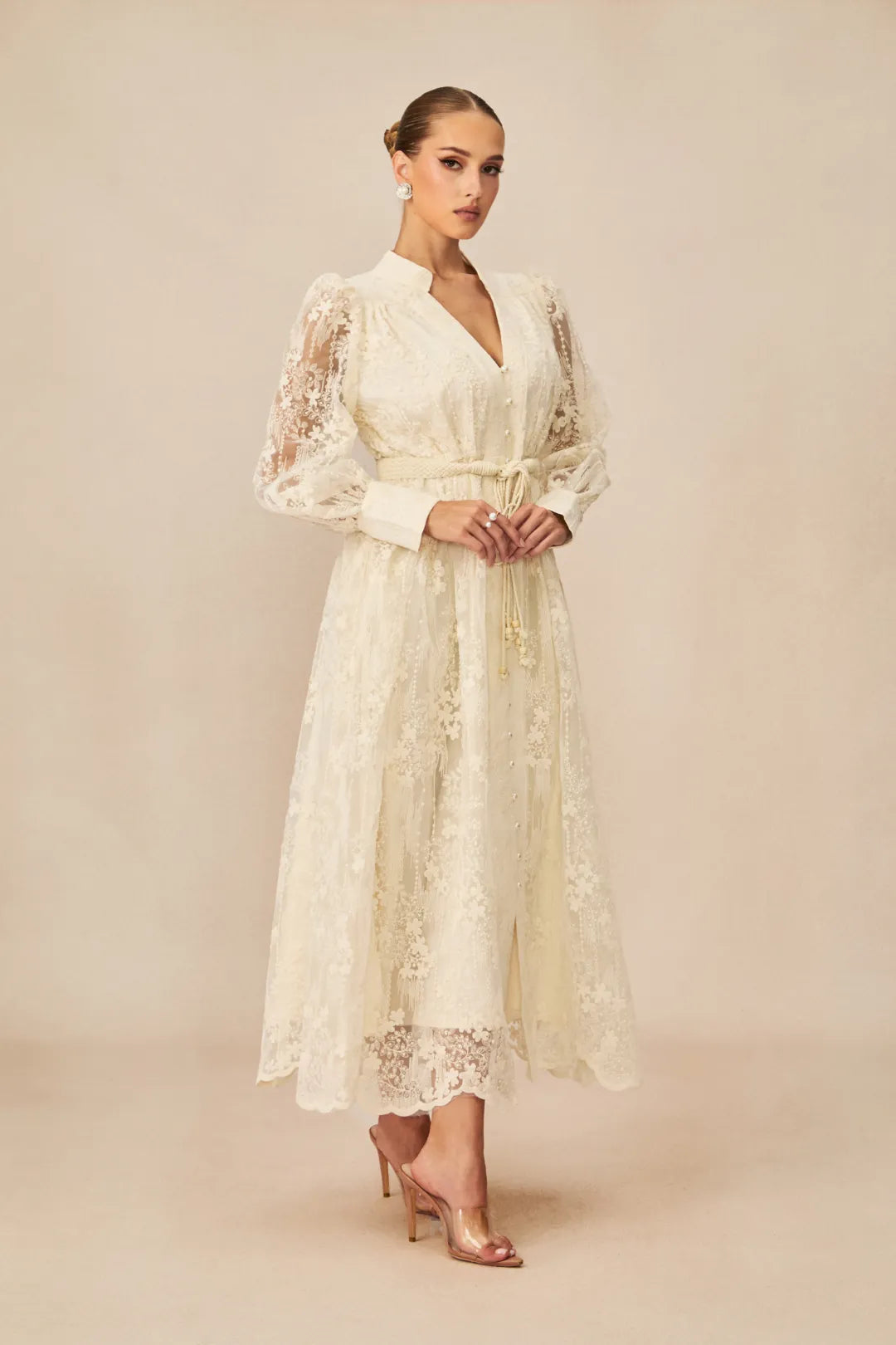 Jana | Women’s V Neck Long Sleeve Waist Tie Flowy Midi Dress