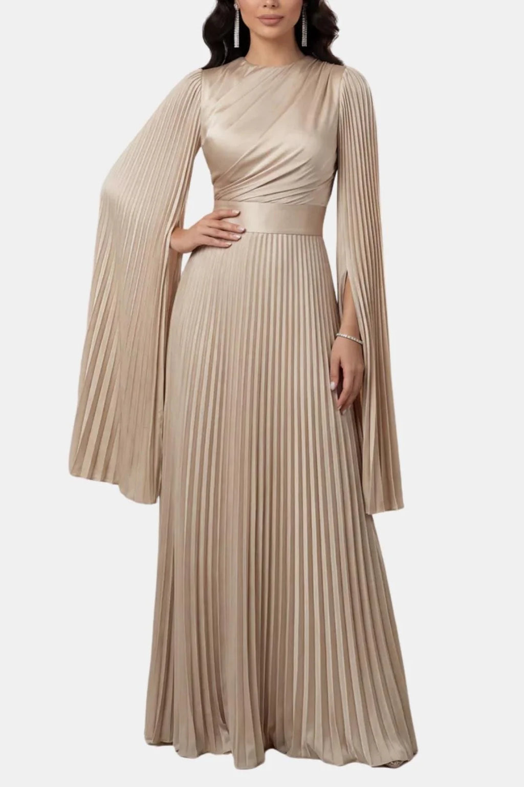 Janelle | Women's Pleated Long Sleeve Flowy Wedding Guest Dress