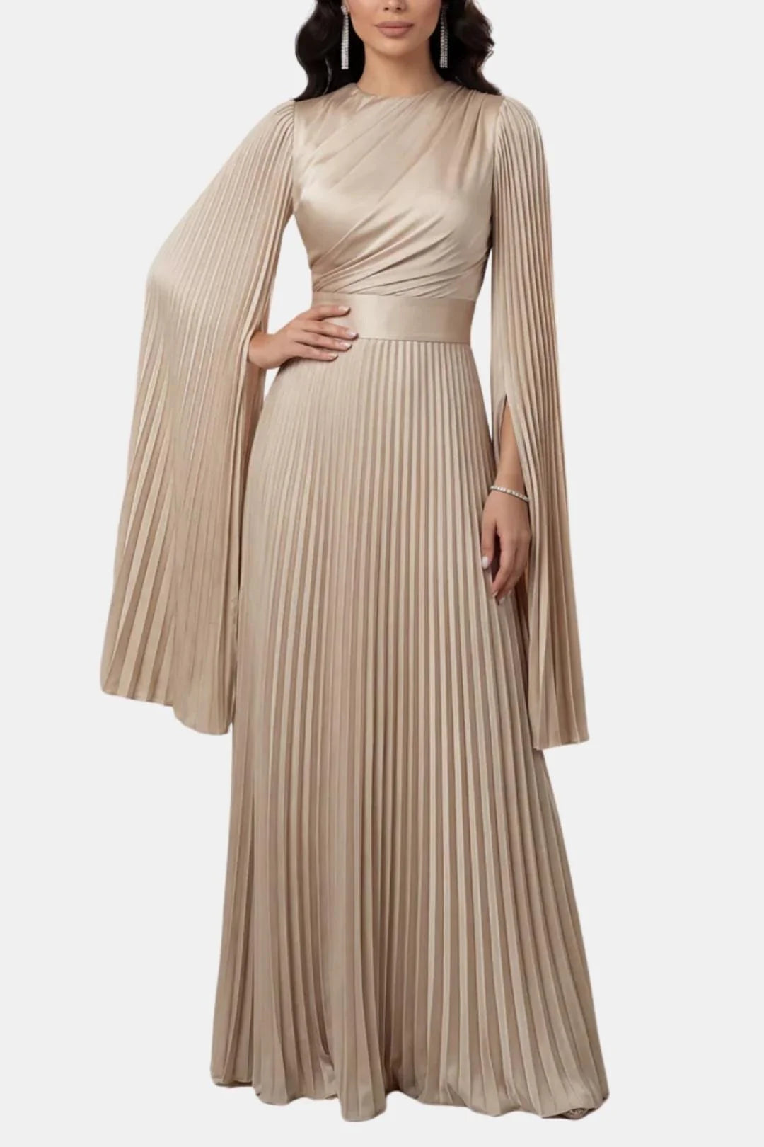 Janelle | Women's Pleated Long Sleeve Flowy Wedding Guest Dress
