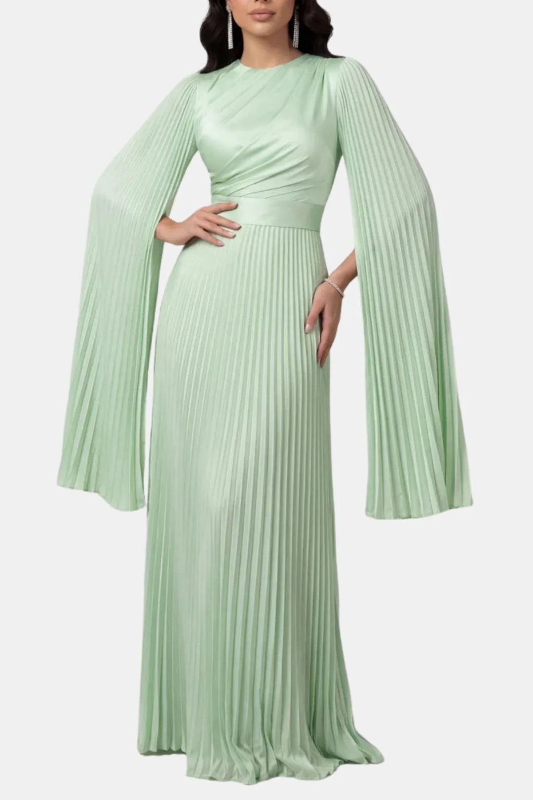 Janelle | Women's Pleated Long Sleeve Flowy Wedding Guest Dress