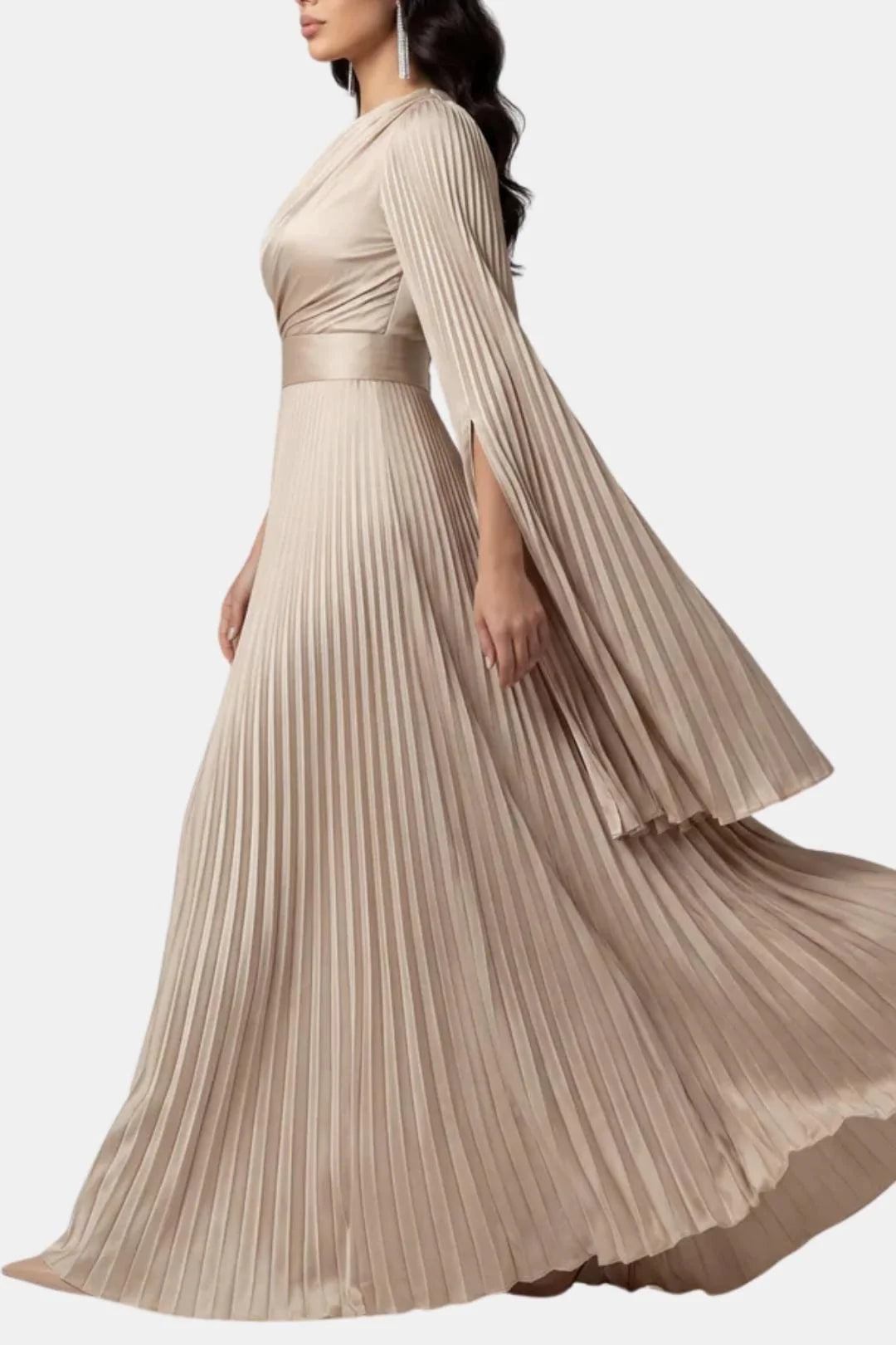 Janelle | Women's Pleated Long Sleeve Flowy Wedding Guest Dress