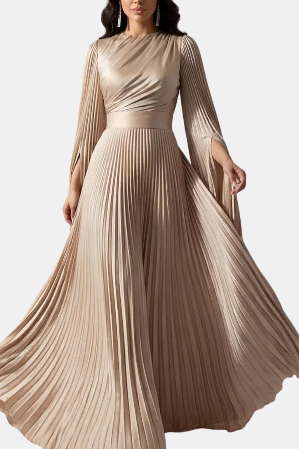 Janelle | Women's Pleated Long Sleeve Flowy Wedding Guest Dress
