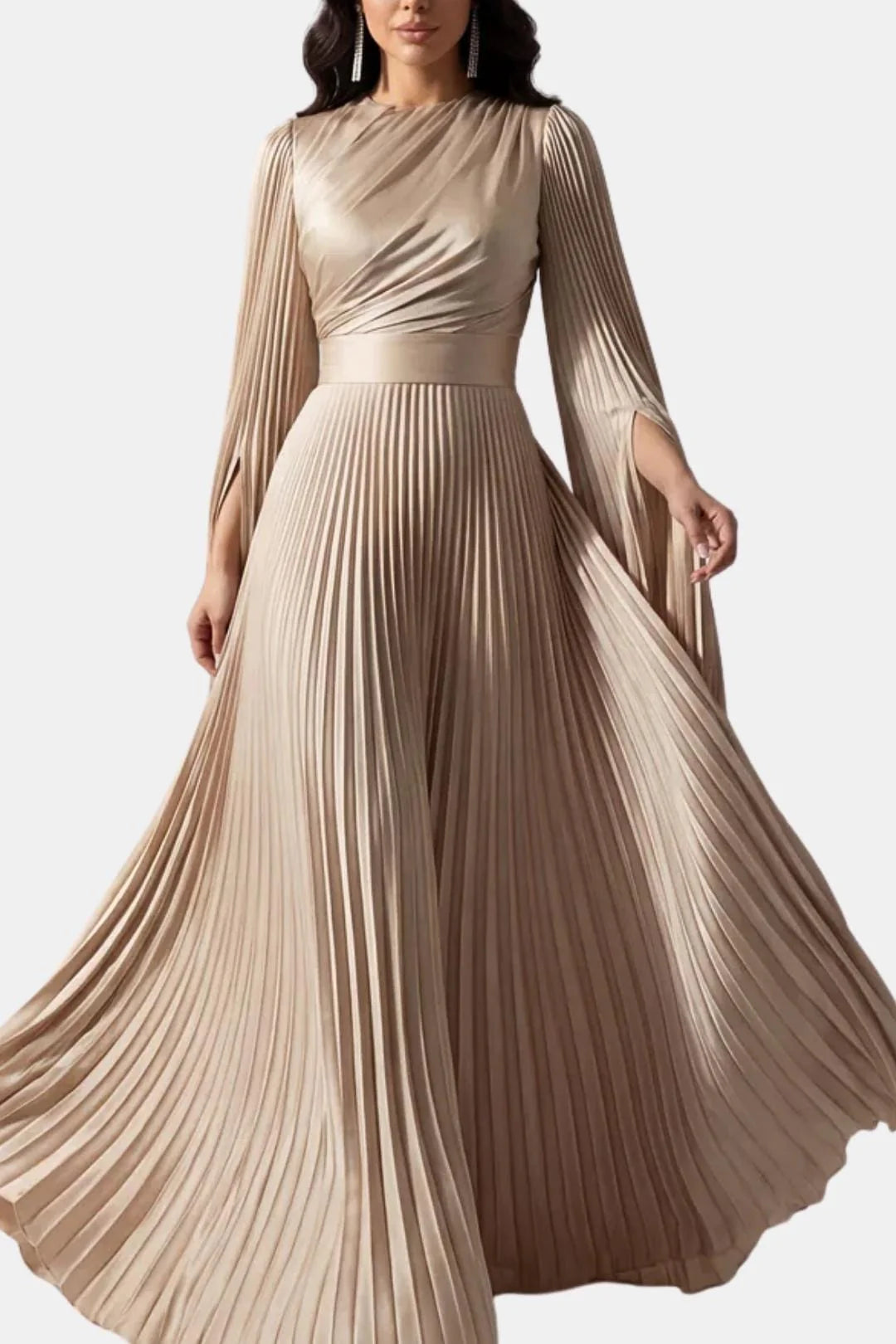 Janelle | Women's Pleated Long Sleeve Flowy Wedding Guest Dress