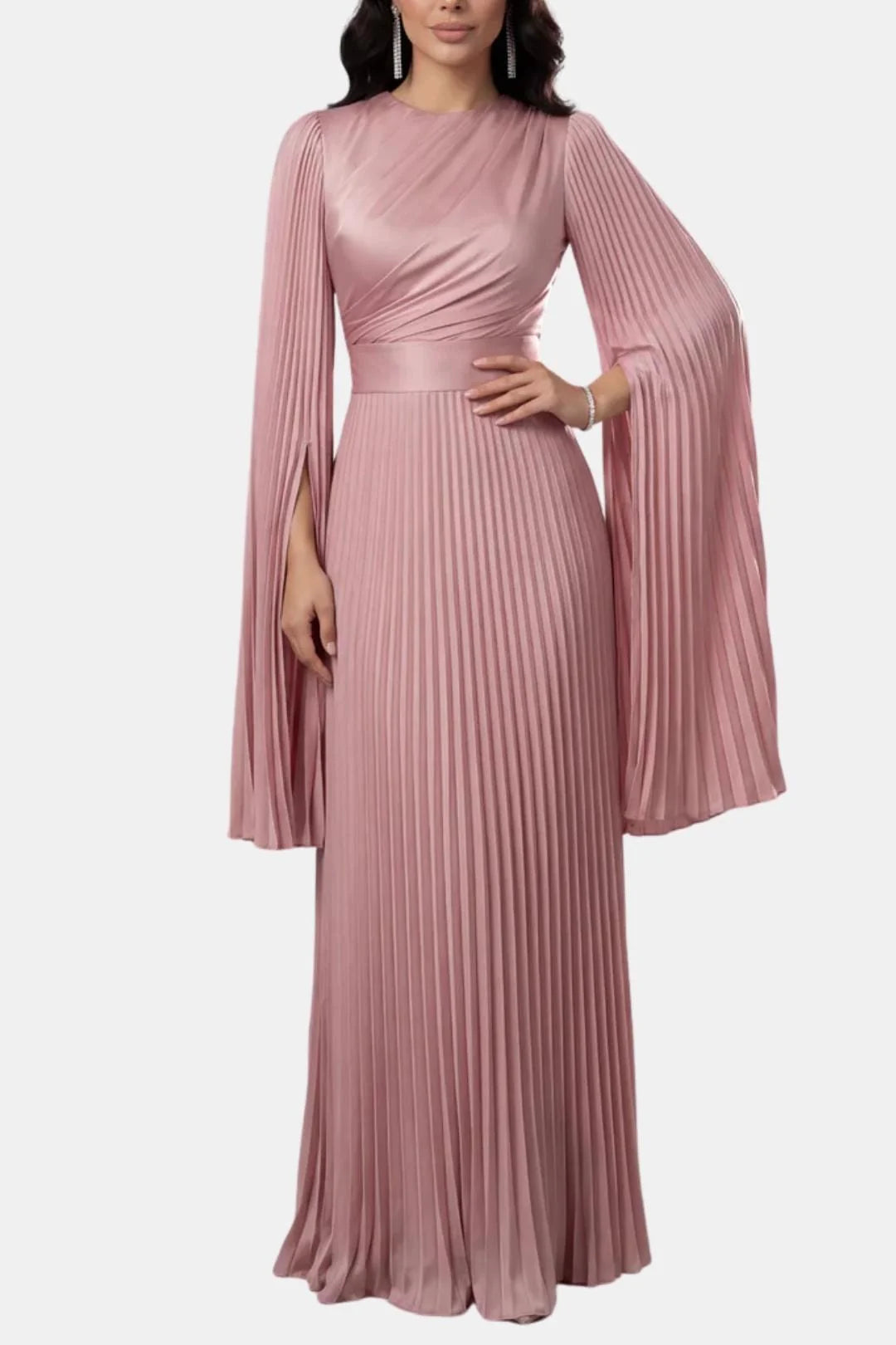 Janelle | Women's Pleated Long Sleeve Flowy Wedding Guest Dress