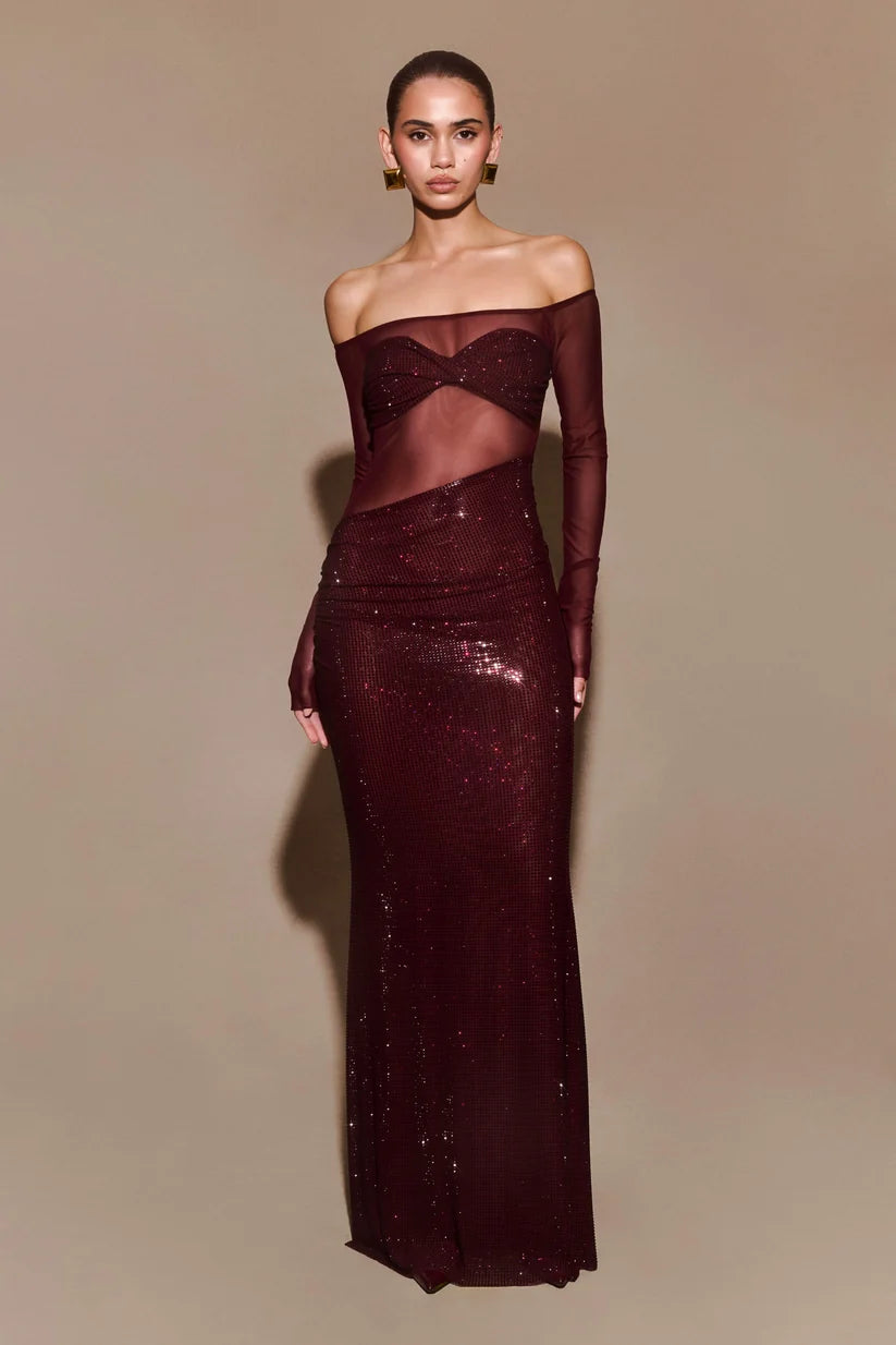 Janet | Women’s Off Shoulder Mesh Rhinestone Wedding Guest Dress