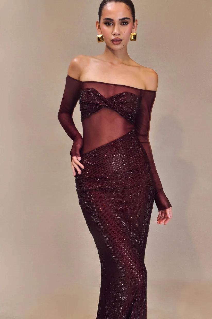 Janet | Women’s Off Shoulder Mesh Rhinestone Wedding Guest Dress
