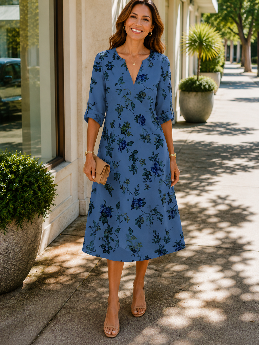 Janette | Women's Floral Print A-Line Wedding Guest Midi Dress
