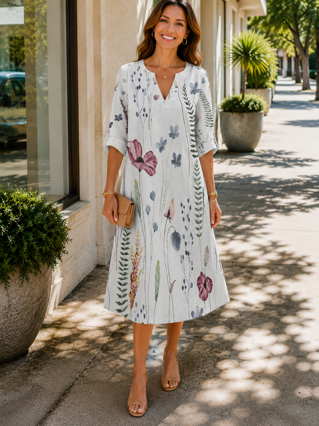 Janette | Women's Floral Print A-Line Wedding Guest Midi Dress