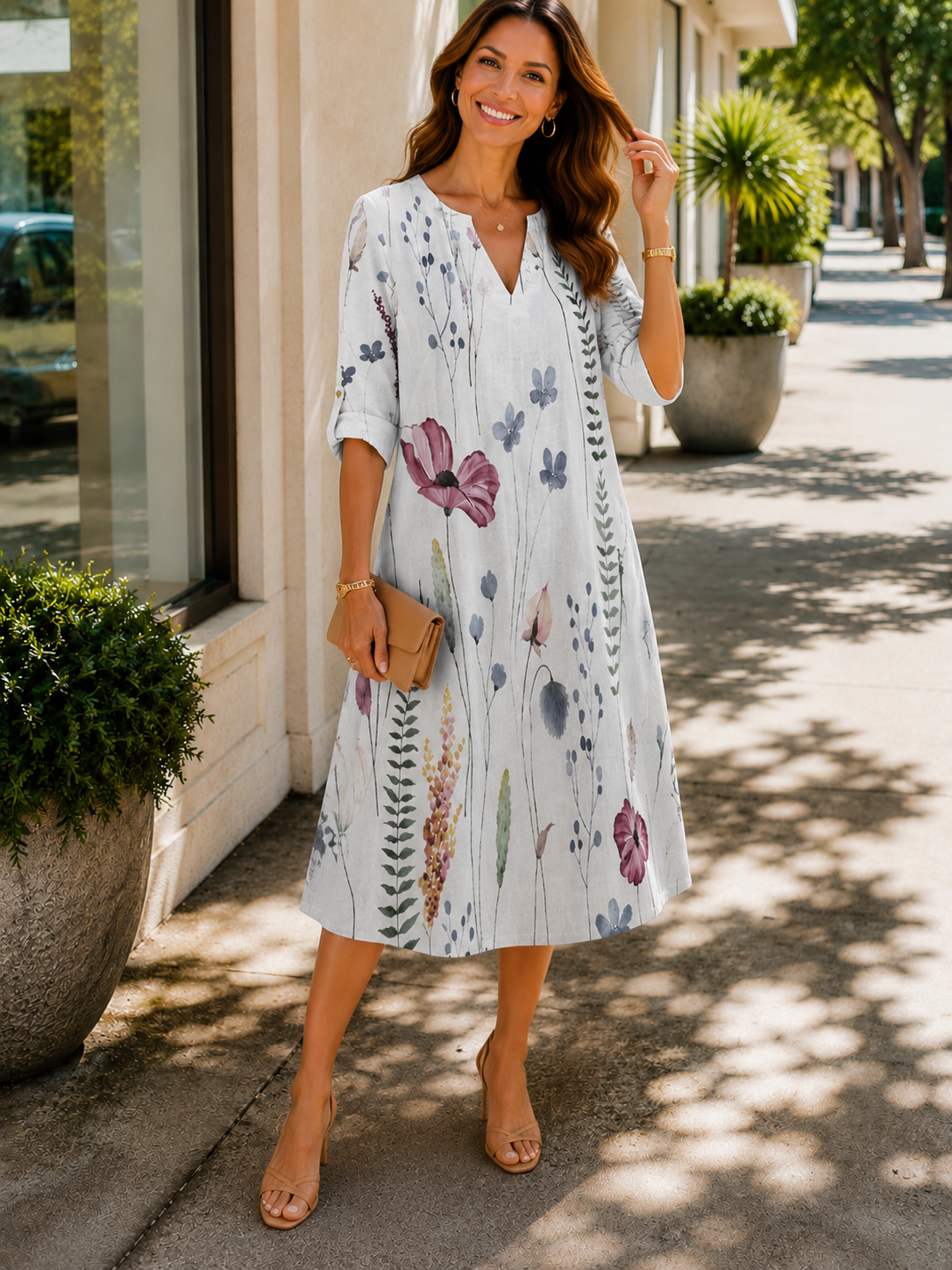 Janette | Women's Floral Print A-Line Wedding Guest Midi Dress