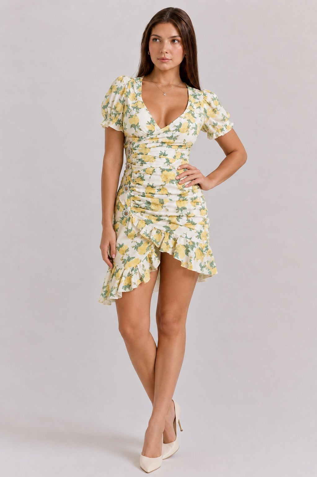 Janice | Women's Floral V-Neck Ruffle Puff Sleeve Mini Dress
