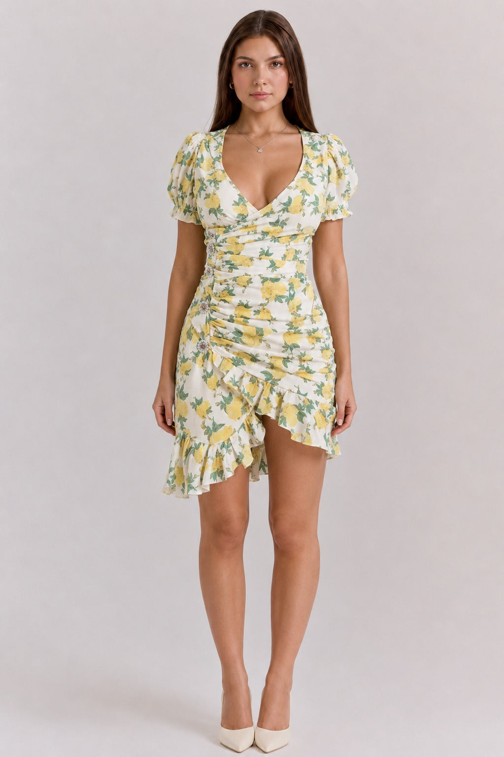 Janice | Women's Floral V-Neck Ruffle Puff Sleeve Mini Dress
