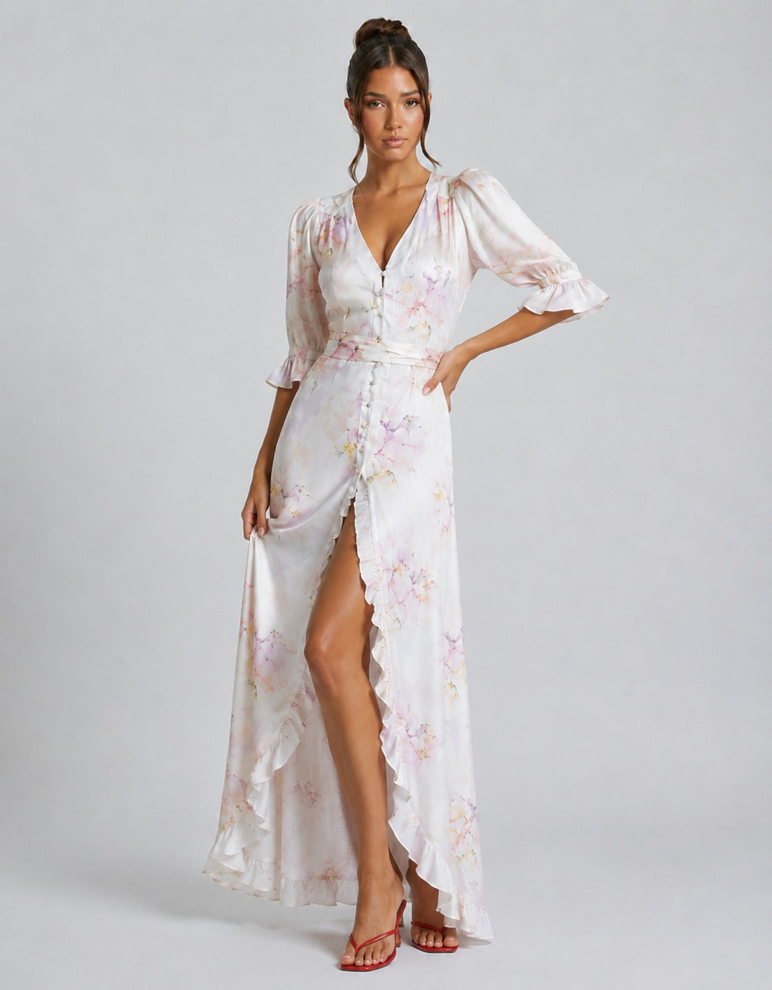 Jeanette | Women’s V Neck High Slit Bishop Sleeve Maxi Dress