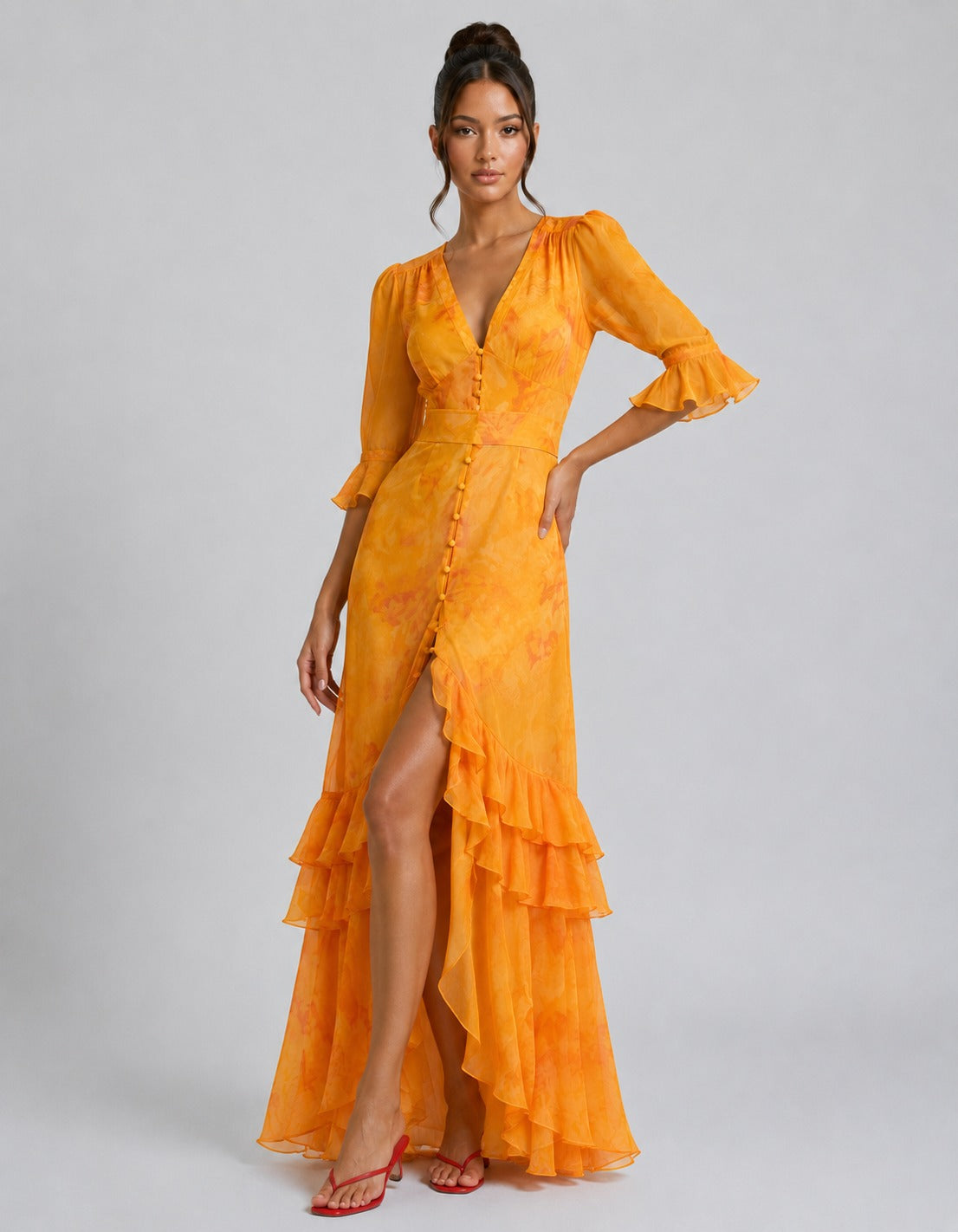 Jeannette | Women’s Ruffled Bishop Sleeve High Slit Tiered Maxi Dress