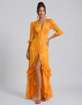 Jeannette | Women’s Ruffled Bishop Sleeve High Slit Tiered Maxi Dress
