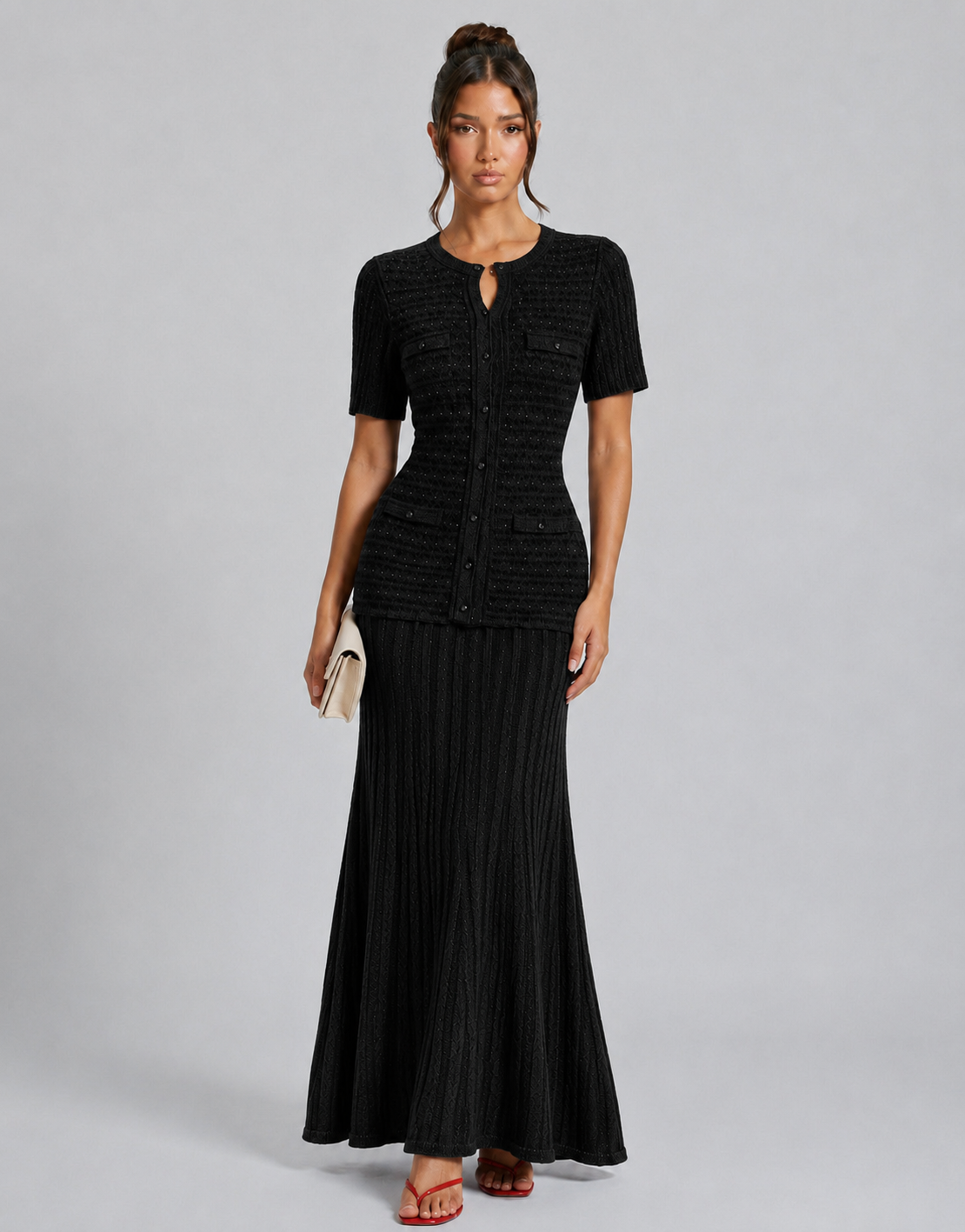Jenny | Women’s Textured Knit Round Neck Maxi Dress