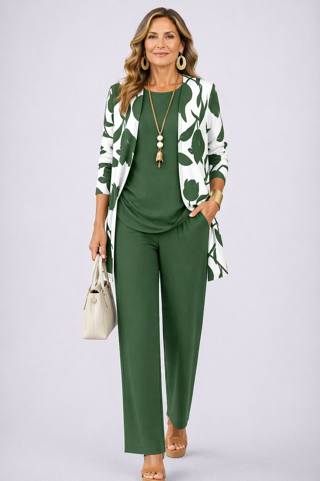 Paulette | Women's Printed Open Front Straight Leg Three Piece Set