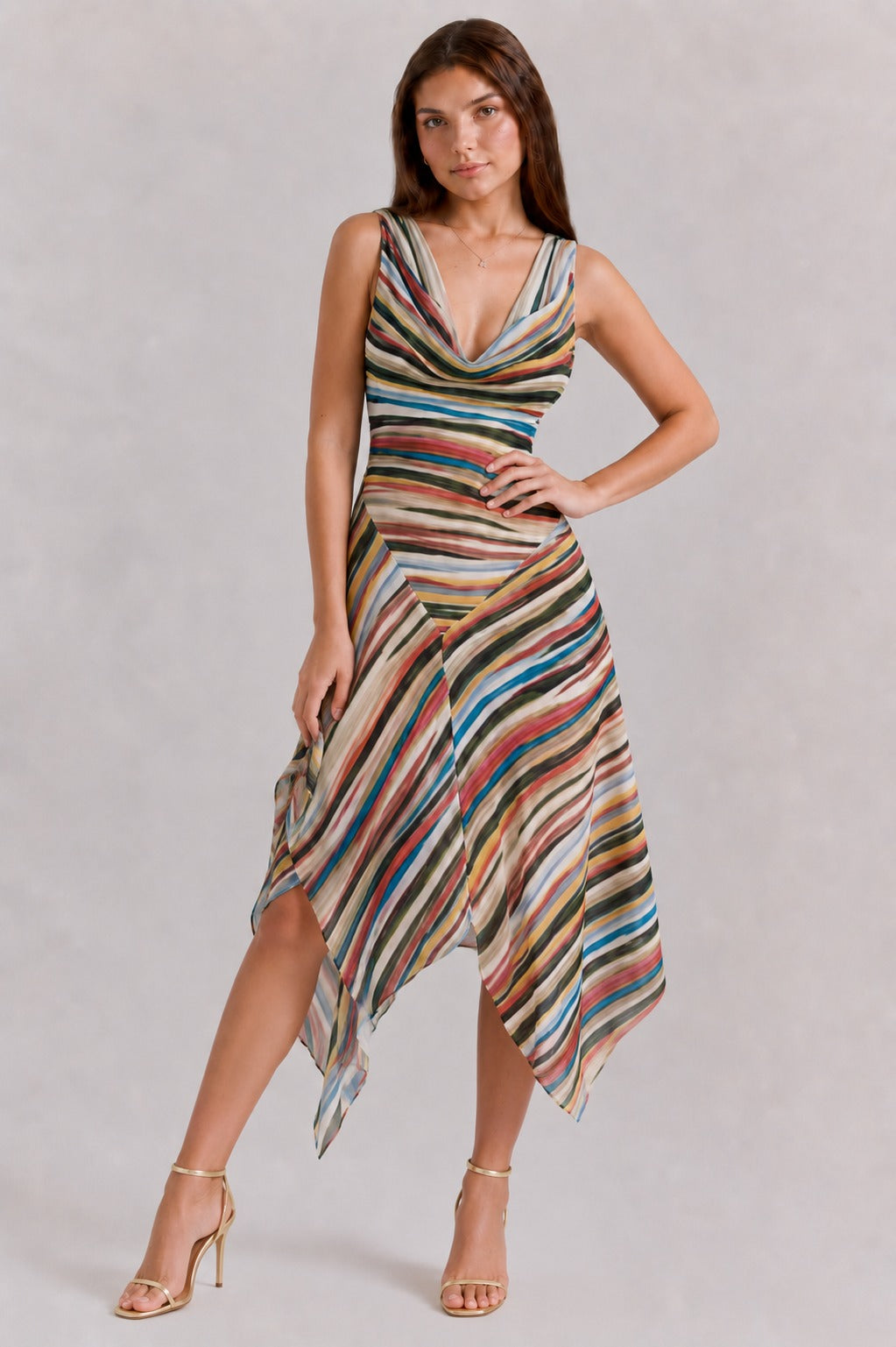 Journey | Women’s Draped Stripe V Neck Flowy Midi Dress