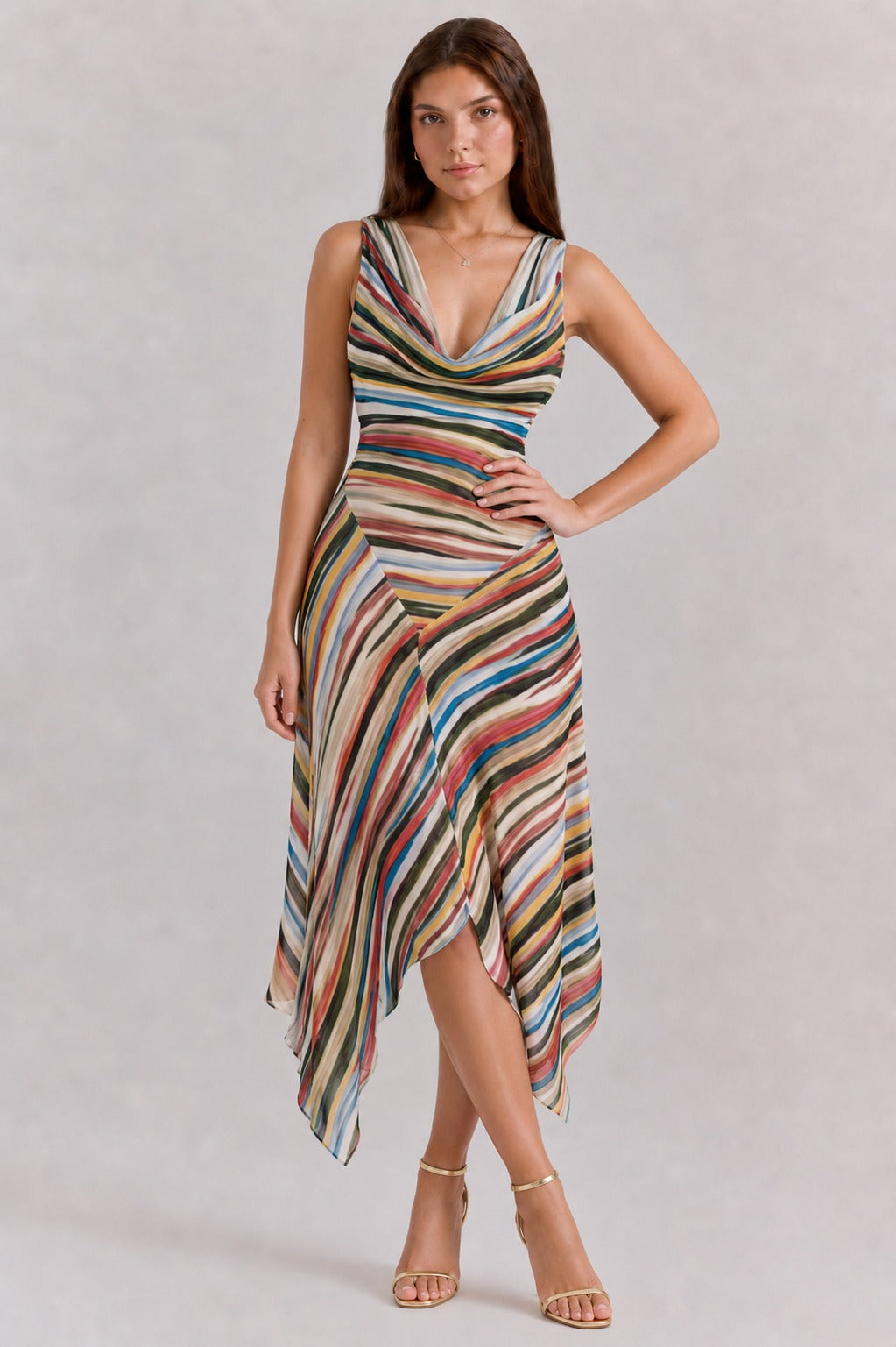 Journey | Women’s Draped Stripe V Neck Flowy Midi Dress