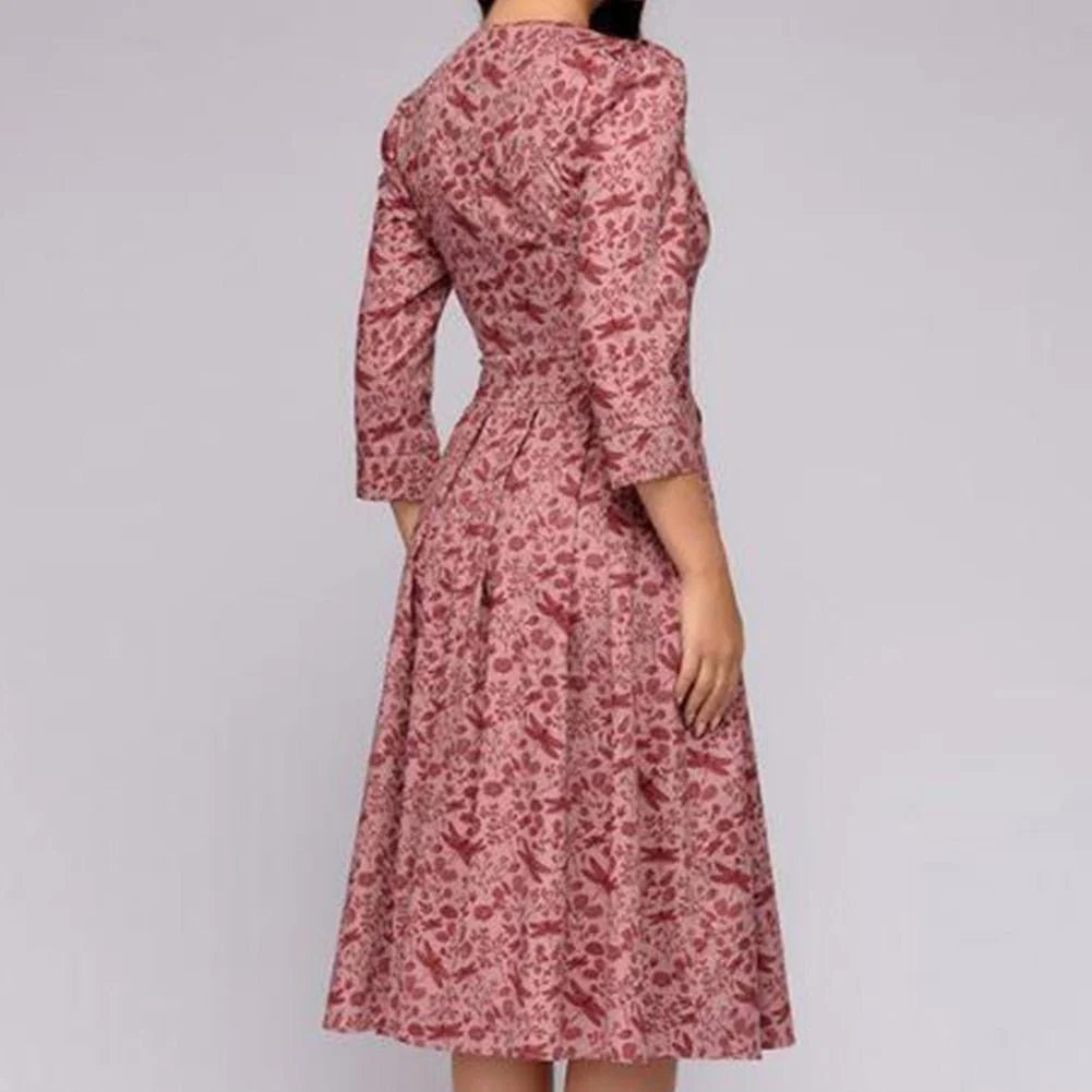 June | Women’s Printed Pleated Round Neck Flowy Knee Length Dress