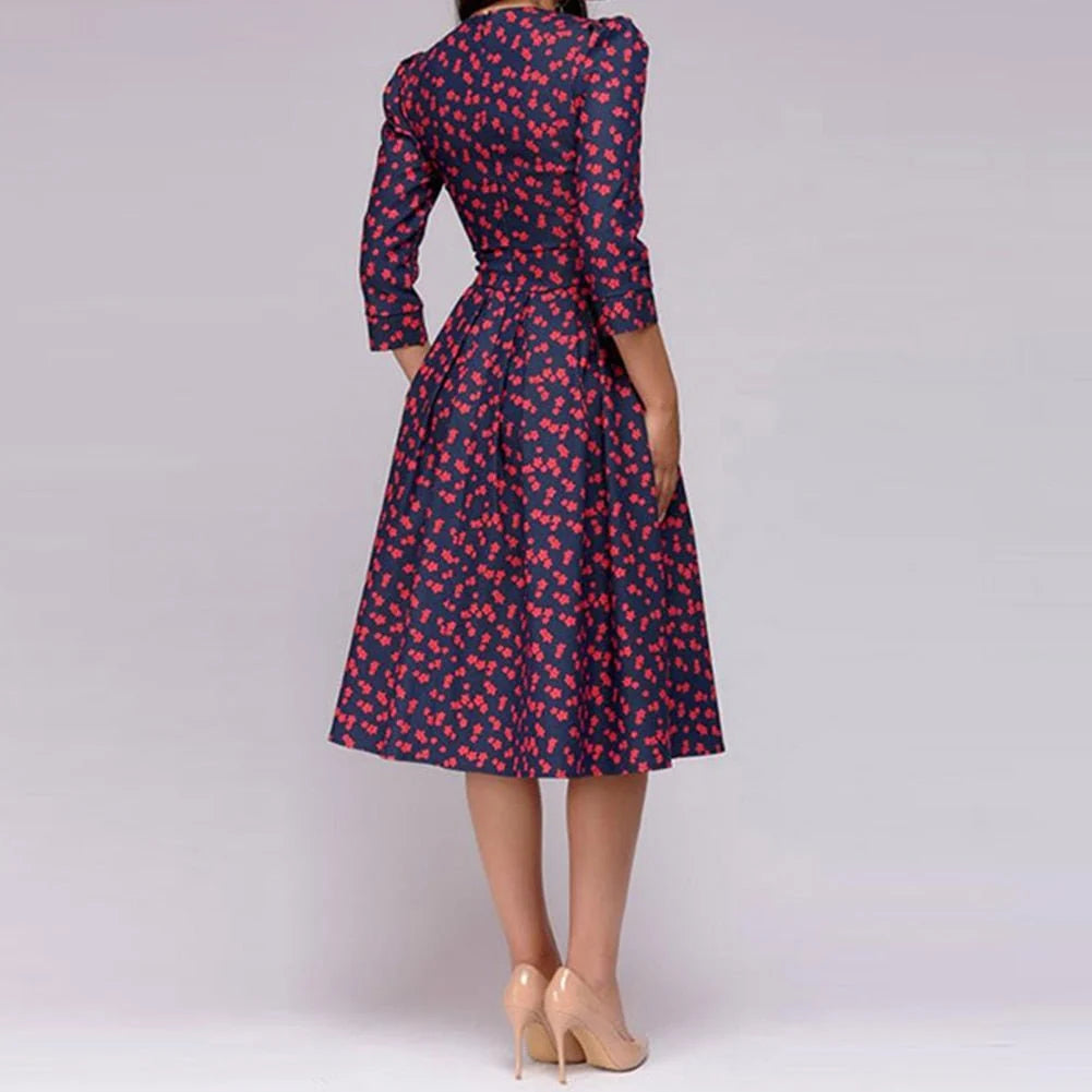 June | Women’s Printed Pleated Round Neck Flowy Knee Length Dress