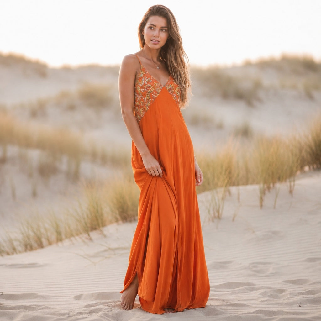 Karissa | Women’s Printed Sleeveless V Neck Flowy Maxi Dress