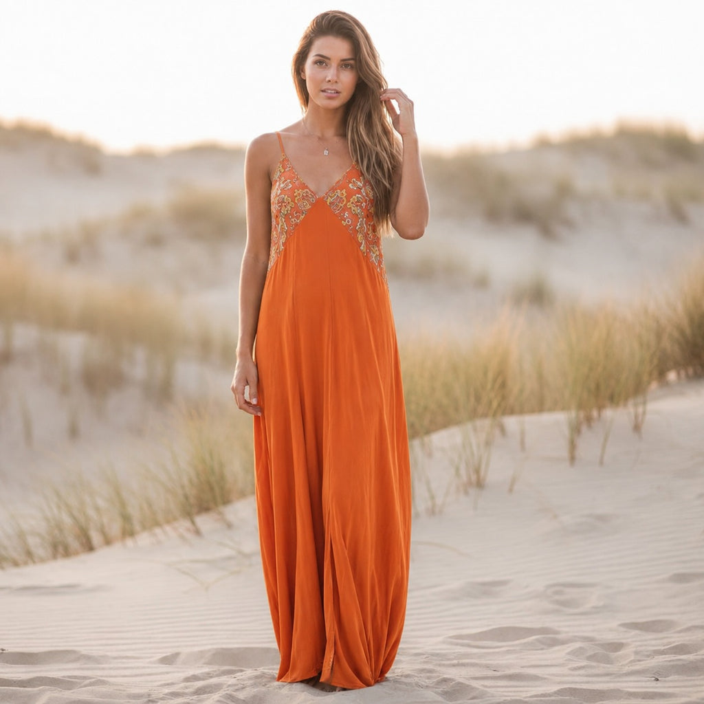 Karissa | Women’s Printed Sleeveless V Neck Flowy Maxi Dress