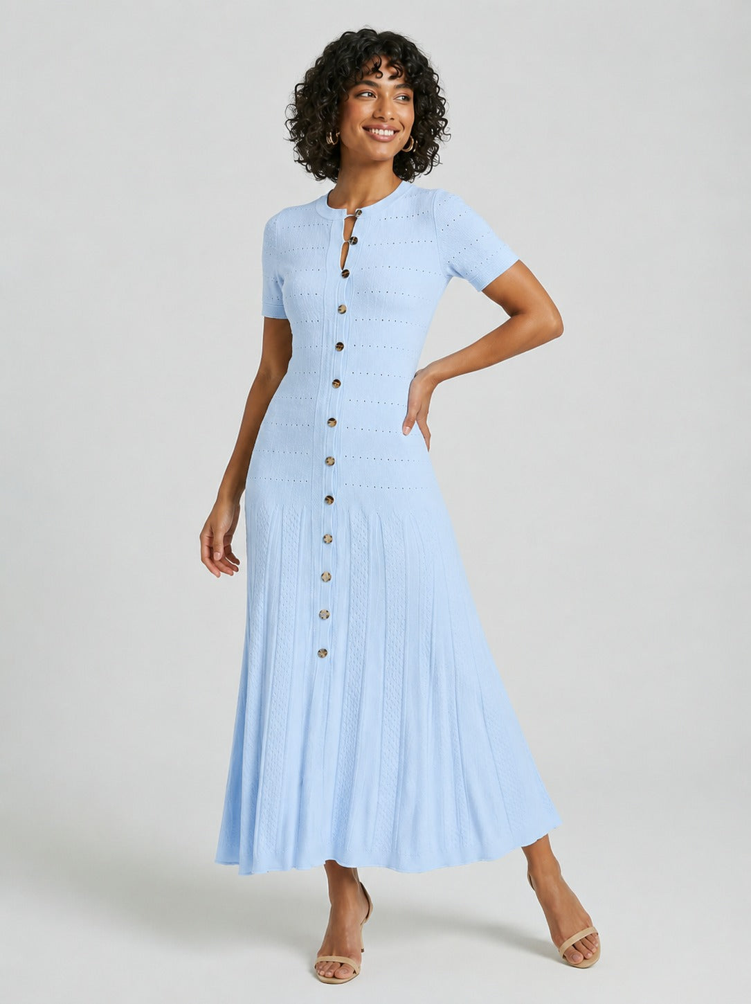 Kassandra | Women’s Textured Button Front Short Sleeve Midi Dress