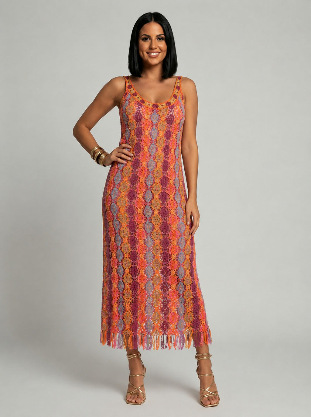 Kathryn | Women’s Open Work Scoop Neck Sleeveless Midi Dress