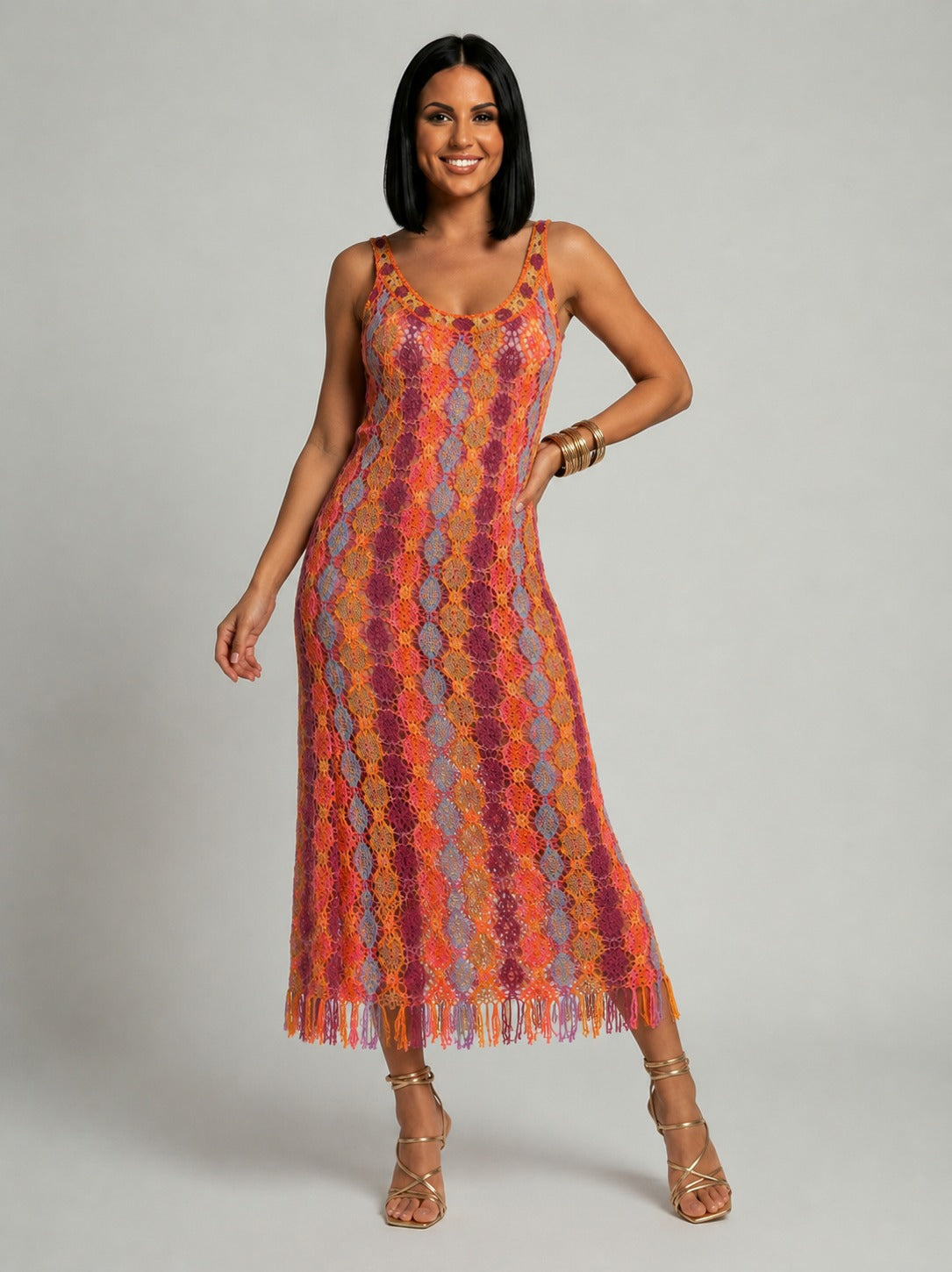 Kathryn | Women’s Open Work Scoop Neck Sleeveless Midi Dress