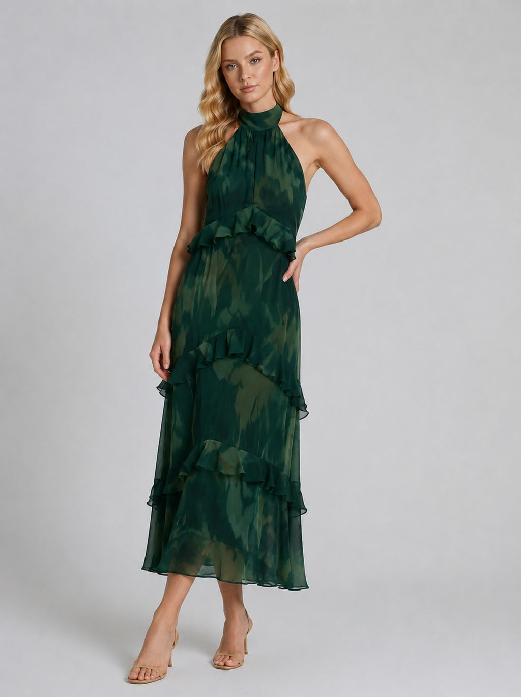 Kaylee | Women’s Halter Neck Tiered Ruffled Flowy Midi Dress