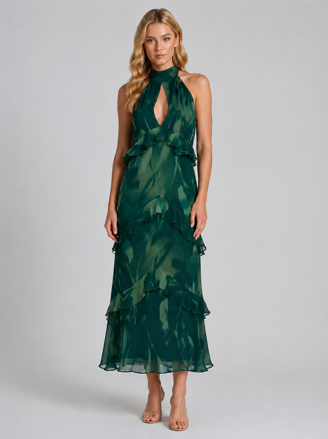 Kaylee | Women’s Halter Neck Tiered Ruffled Flowy Midi Dress