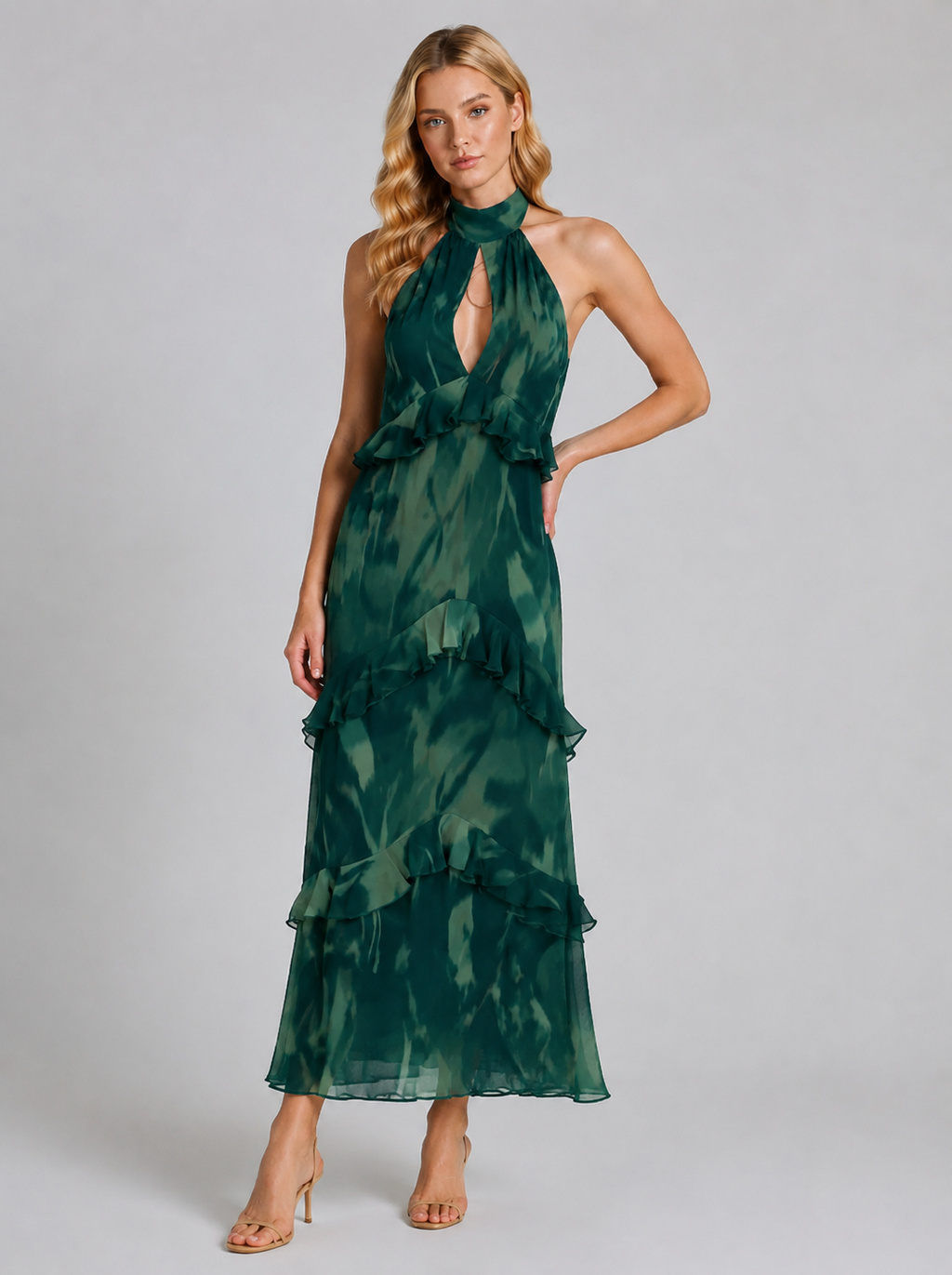 Kaylee | Women’s Halter Neck Tiered Ruffled Flowy Midi Dress