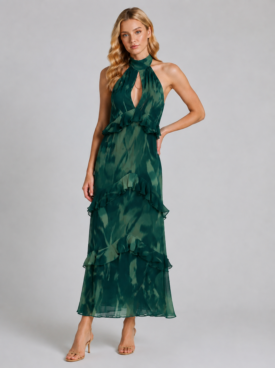 Kaylee | Women’s Halter Neck Tiered Ruffled Flowy Midi Dress