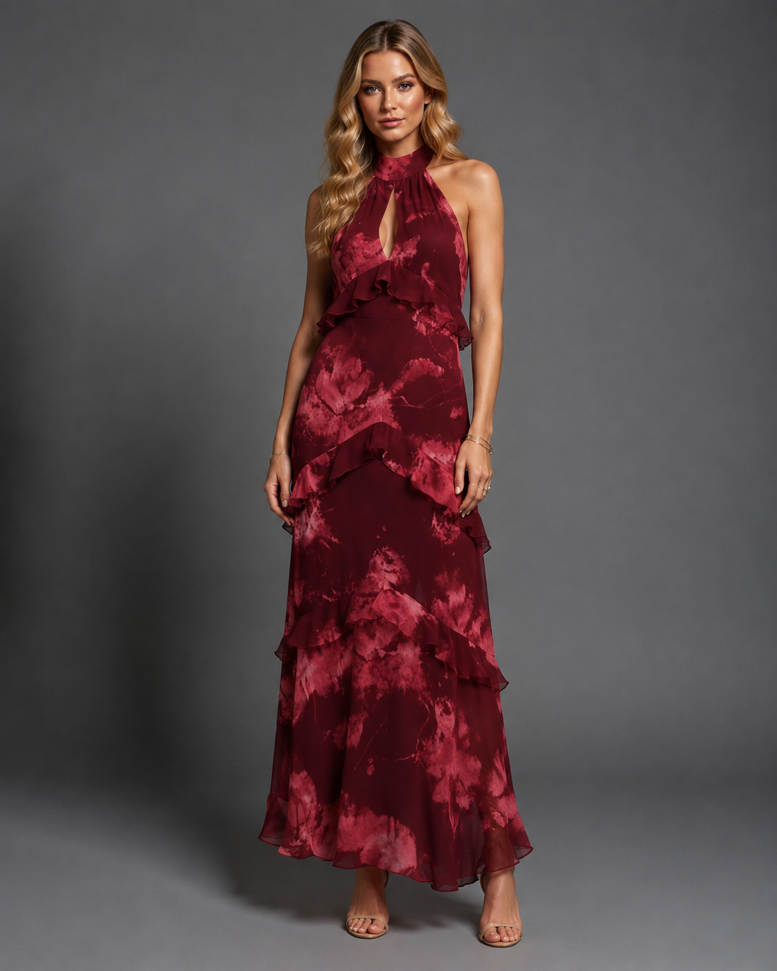 Kaylee | Women’s Halter Neck Tiered Ruffled Flowy Midi Dress